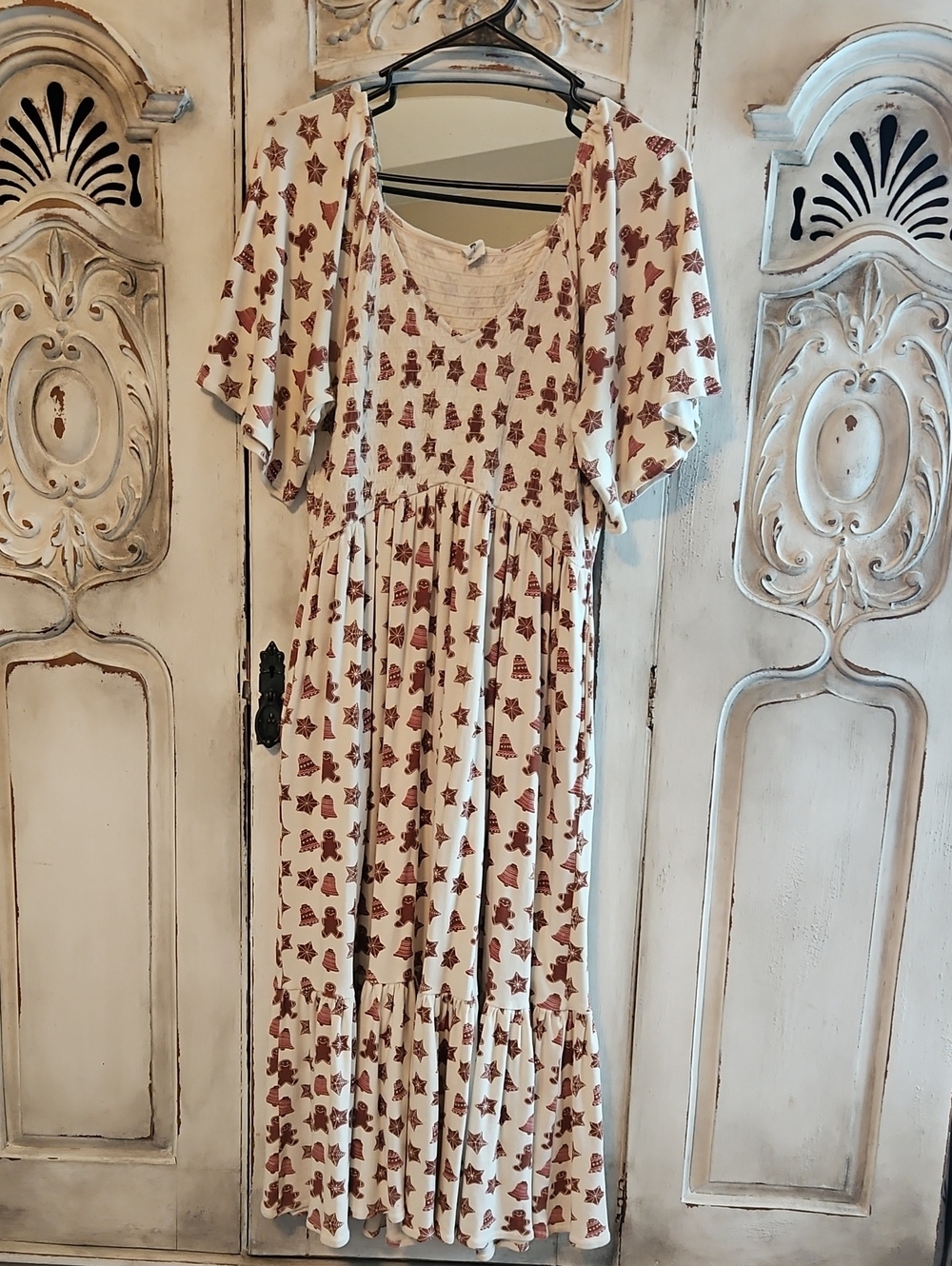 Kate Quinn Women's Flutter Sleeve Smocked Midi Dress Large Cotton Christmas